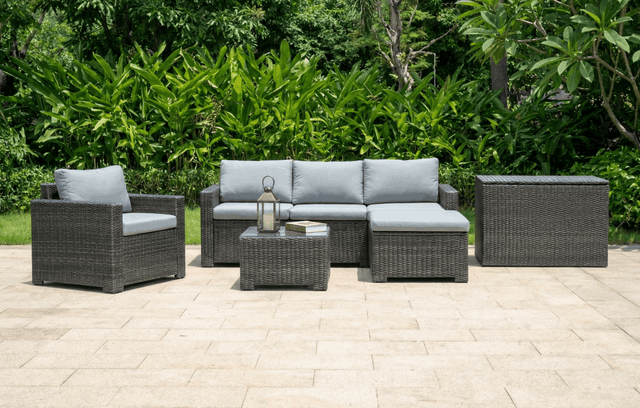 MINT Outdoor Garden Sofa Set in Rattan with Comfortable Cushions and Coffee Table for Outdoor Relaxation