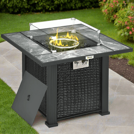 Outsunny Gas Fire Pit Table With Rain Cover, Windscreen & Glass Stone Outsunny