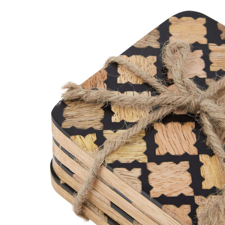 Set Of 4 Wood Effect Black Geometric Coasters Shades 4 Seasons