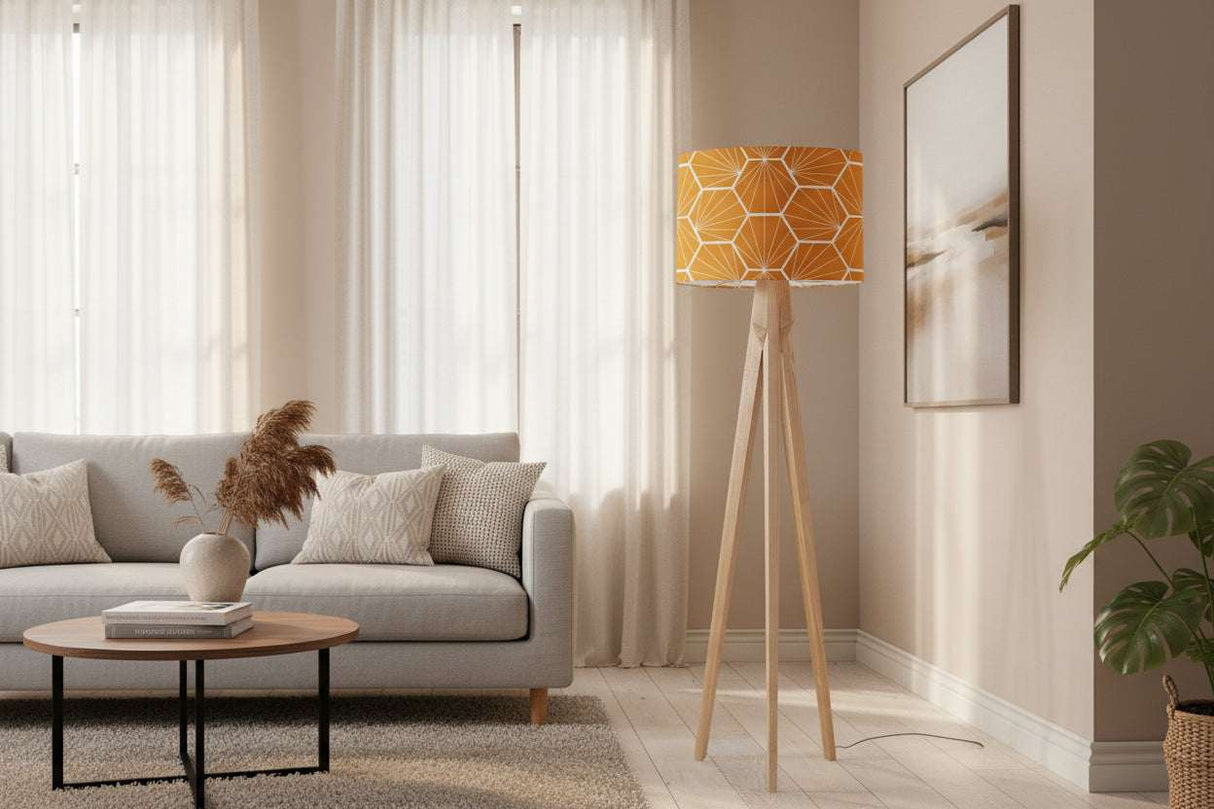 Shadow Bright lampshade in orange geometric design on a stylish floor lamp in a modern living room