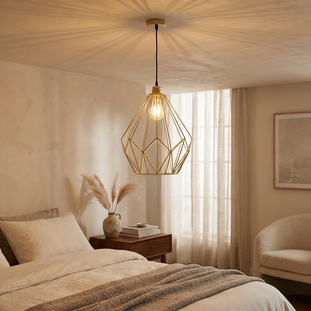 Stylish Orsina Pendant Light with a geometric design, perfect for modern bedroom decor