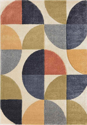 Stylish Geometric Rug featuring colourful circular designs in blue, orange, and yellow shades