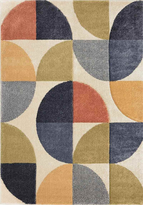 Stylish Geometric Rug featuring colourful circular designs in blue, orange, and yellow shades