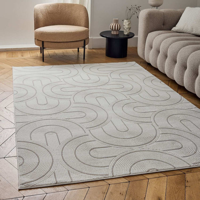 Beige Geometric Rug with Textured Curved Patterns for Modern Living Spaces