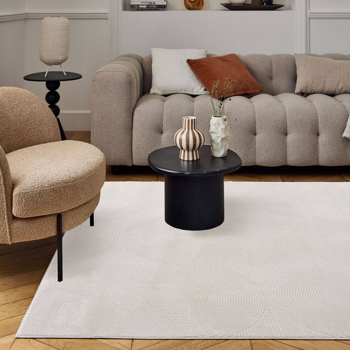 Stylish Geometric Rug in a modern living room with beige furniture and decorative items