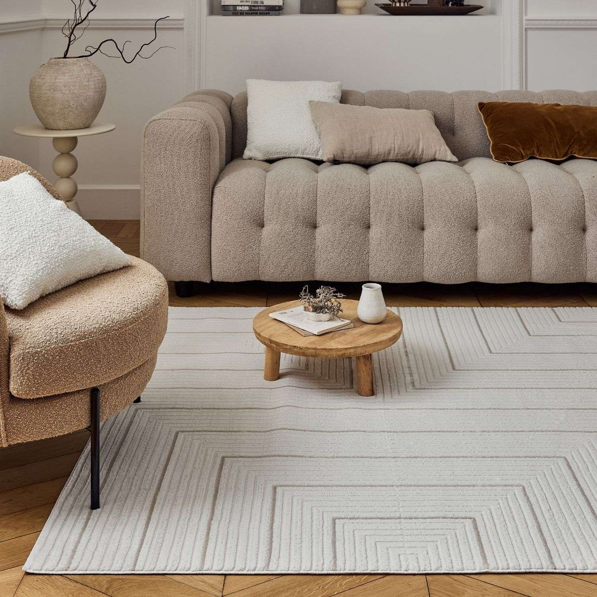 Elegant Geometric Rug in neutral tones enhancing a modern living room with stylish furniture