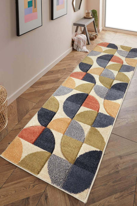 Geometric Rug in vibrant colours featuring circle patterns, perfect for adding style to any hallway