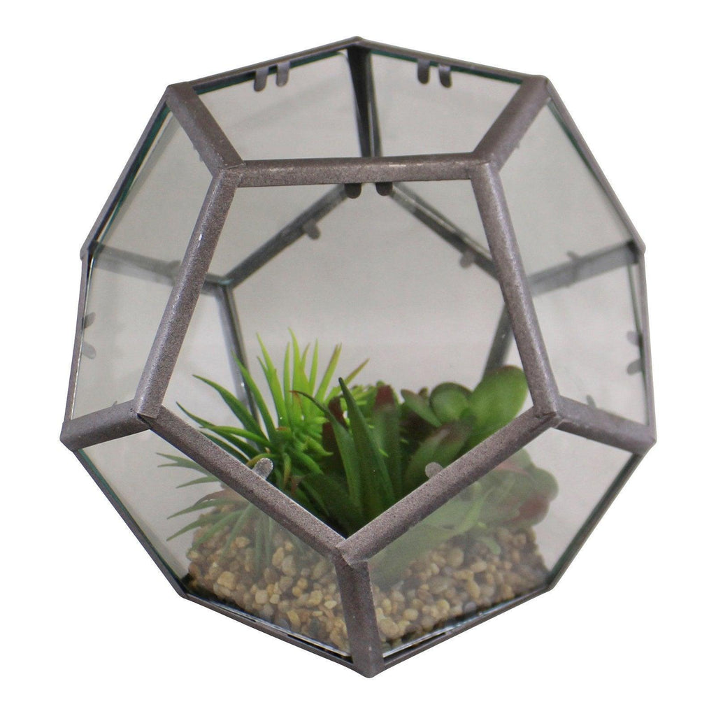 Glass & Metal Hexagonal Terrarium With Faux Succulents Geko Products