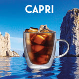 Bialetti Glass Mugs filled with iced beverage against a scenic Capri backdrop