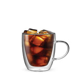 Brew Italia Glass Mugs holding iced coffee with ice cubes, perfect for cold beverages