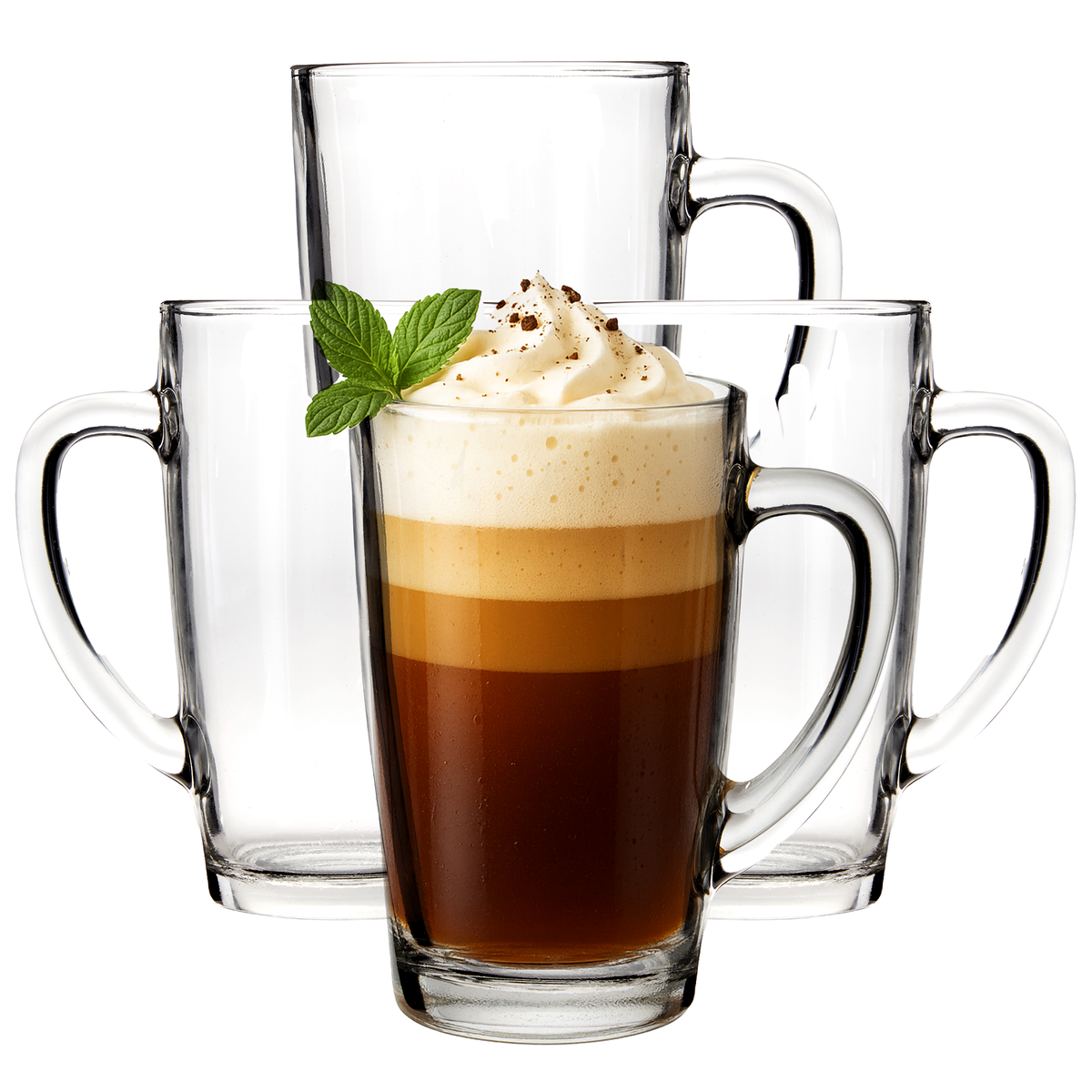 Set of three clear Glass Mugs with one filled coffee topped with whipped cream and mint leaves