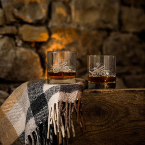 Selbrae House Glass Tumblers featuring intricate bicycle designs, perfect for whisky enthusiasts