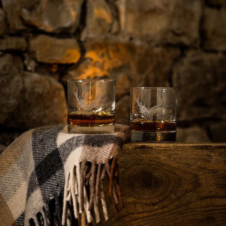 Selbrae House Glass Tumblers with elegant stag design, perfect for whisky or cocktails