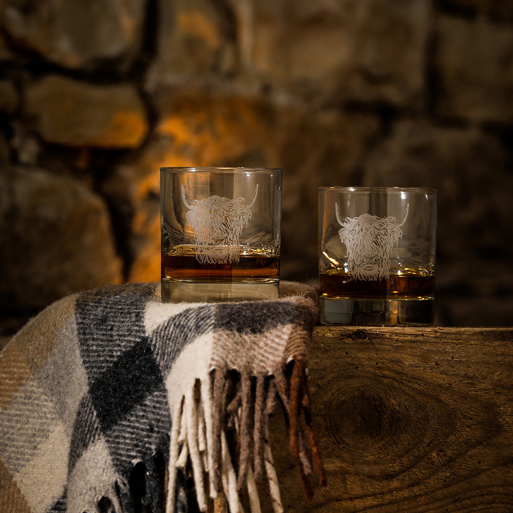 Set of Selbrae House Glass Tumblers with Lion Designs, perfect for whiskey and cocktails