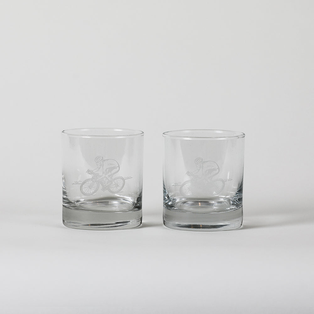 Set of two Selbrae House Glass Tumblers with bicycle engravings for stylish drinking