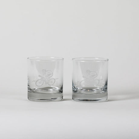 Set of two Selbrae House Glass Tumblers with bicycle engravings for stylish drinking