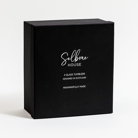 Selbrae House gift box containing 4 elegant glass tumblers designed in Scotland