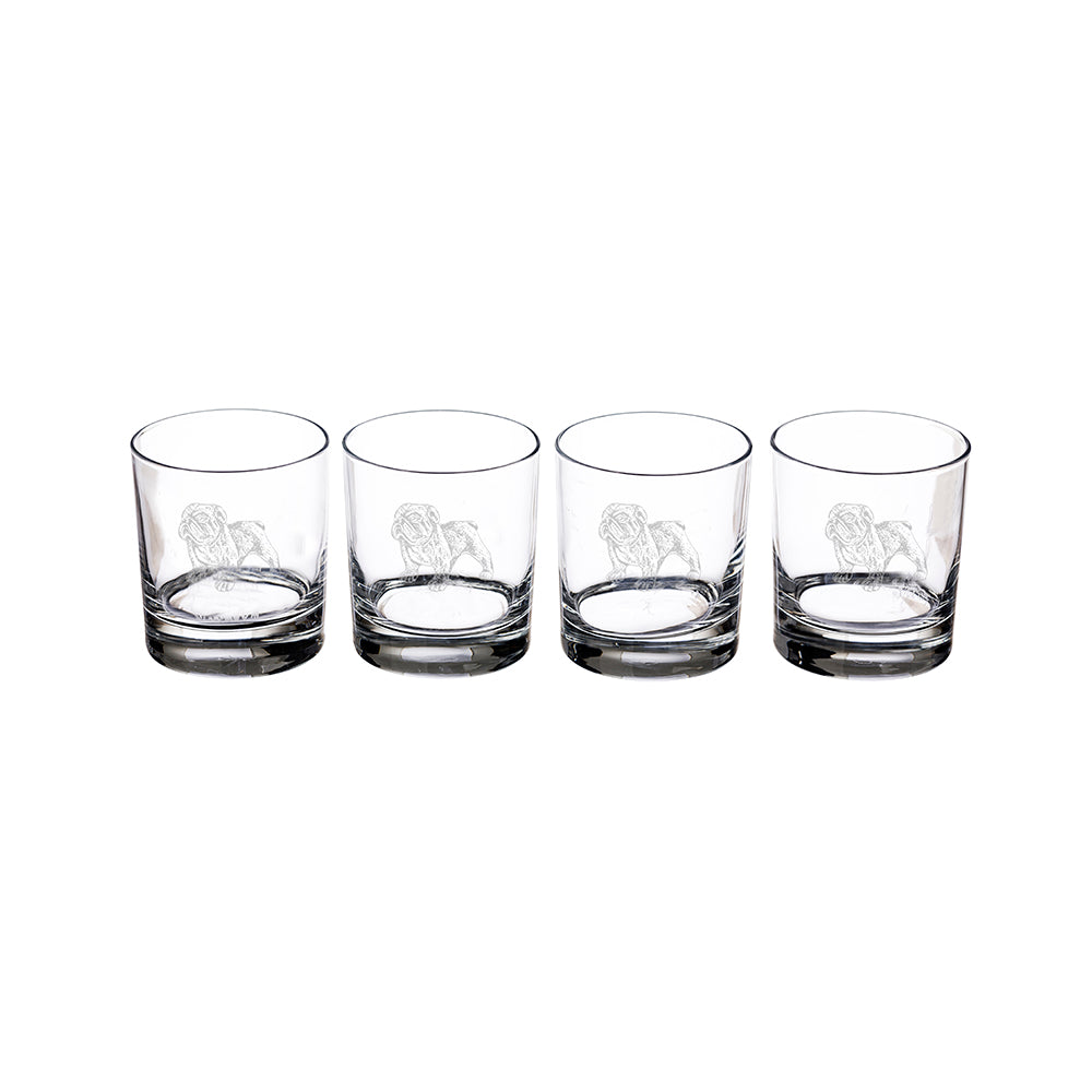 Set of four Selbrae House glass tumblers featuring elegant etched design for stylish drinks