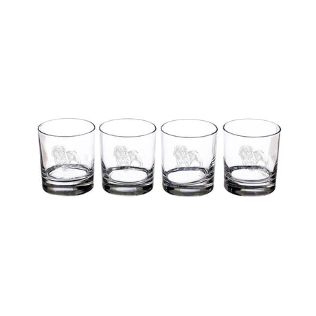 Set of four Selbrae House glass tumblers featuring elegant etched design for stylish drinks