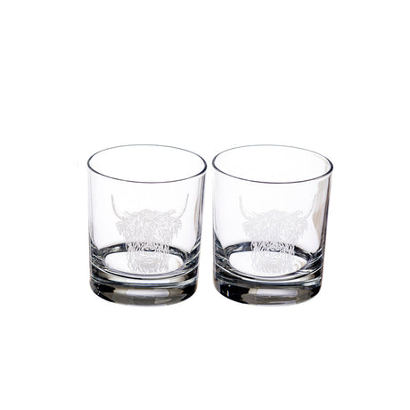 Set of two Selbrae House glass tumblers featuring an elegant Highland cow design