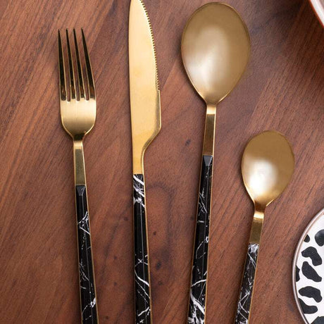 Avie 16 Piece Black Faux Marble Cutlery Set Orsina