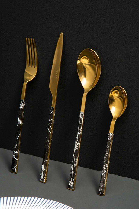 Avie 16 Piece Black Faux Marble Cutlery Set Orsina