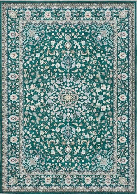Intricate Green Rug with Floral Design and Decorative Border, Ideal for Enhancing Home Decor