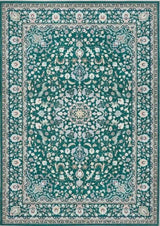 Intricate Green Rug with Floral Design and Decorative Border, Ideal for Enhancing Home Decor