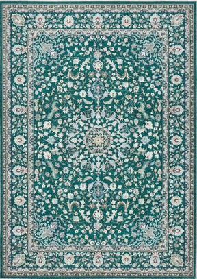 Intricate Green Rug with Floral Design and Decorative Border, Ideal for Enhancing Home Decor