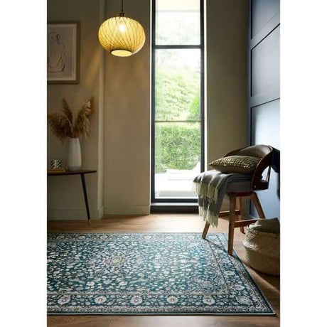 Stylish green rug with floral design, enhancing modern living space decor with elegance