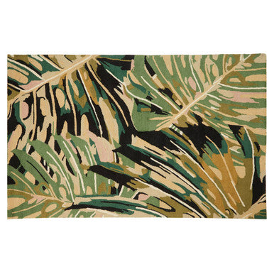 Orsina Green Rug featuring a vibrant tropical leaf design with shades of green and beige