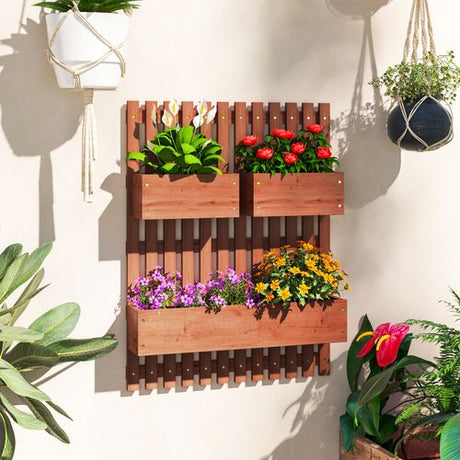 Outsunny Wooden Garden Planters with Trellis Wall-mounted Raised Garden Bed Outsunny
