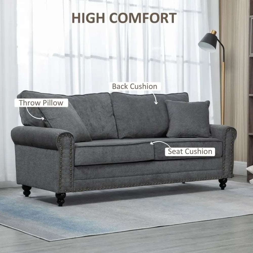 2 Seater Sofa Fabric Sofa with Nailhead Trim Cushions and Throw Pillows Grey Unbranded