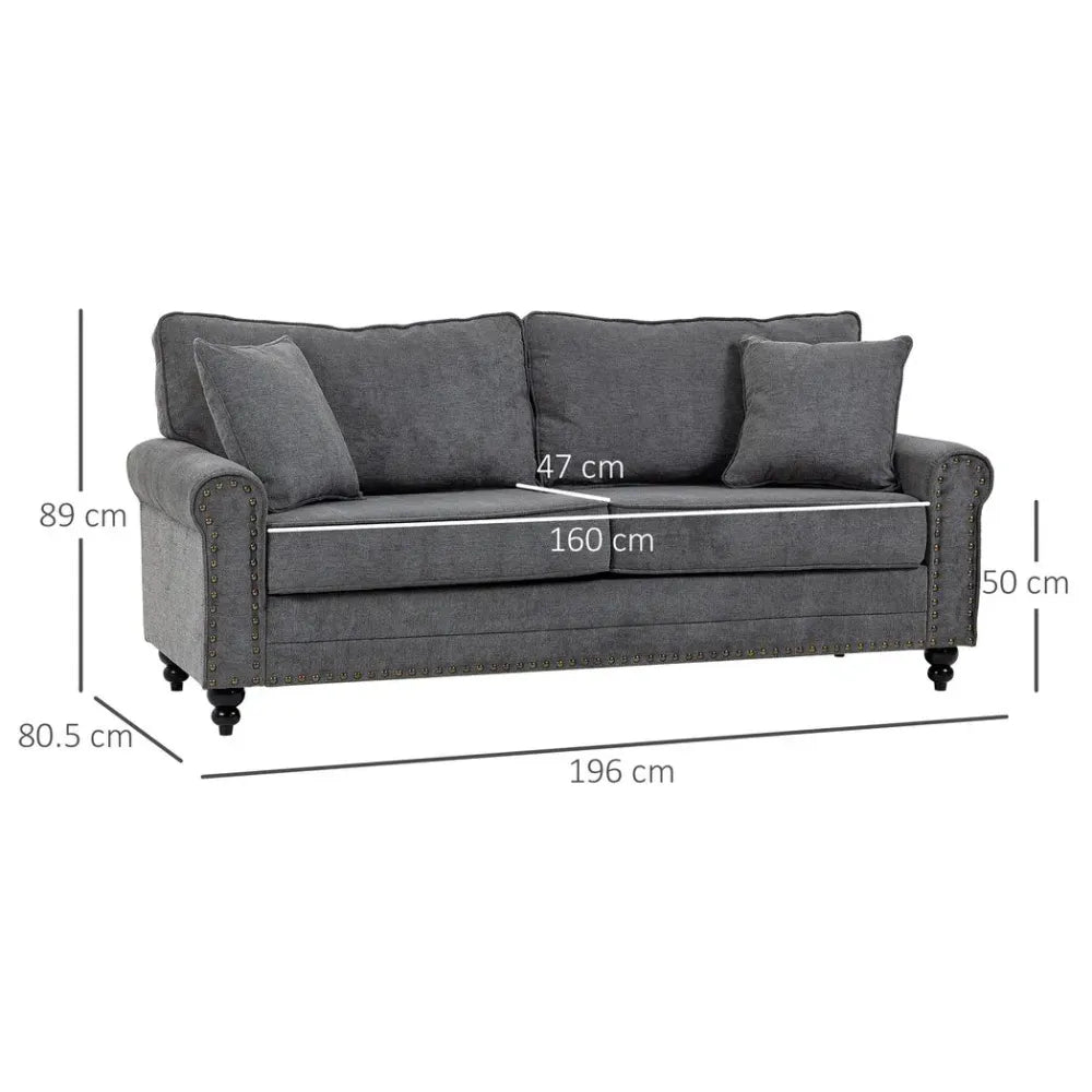 2 Seater Sofa Fabric Sofa with Nailhead Trim Cushions and Throw Pillows Grey Unbranded