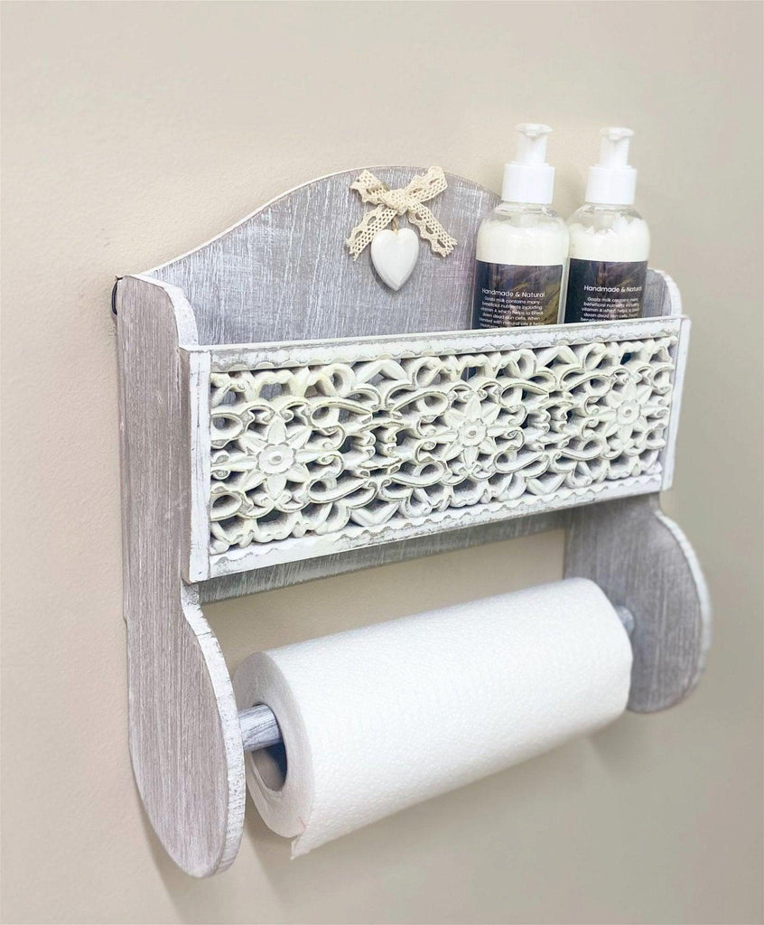 Grey Wooden Kitchen Towel Holder With Cutout Pattern Shelf Geko Products