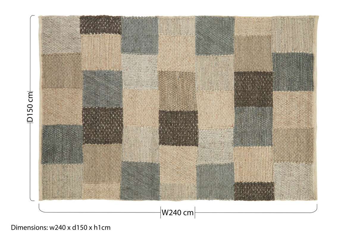 Orsina Grid Design Rug in neutral tones with various textured squares, measuring 240cm by 150cm