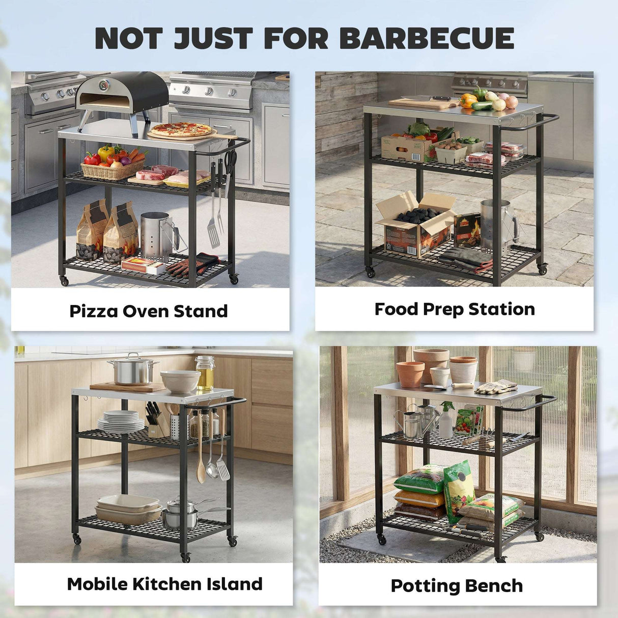 Wise Galleria Grill Cart versatile for food prep, pizza oven stand, mobile kitchen island and potting bench
