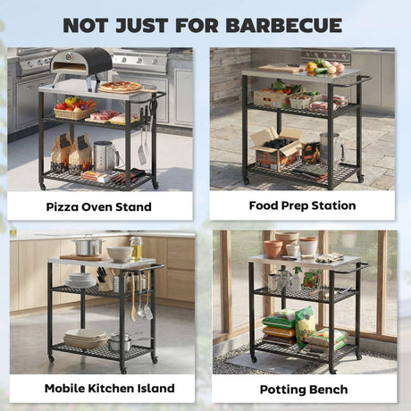 Wise Galleria Grill Cart versatile for food prep, pizza oven stand, mobile kitchen island and potting bench