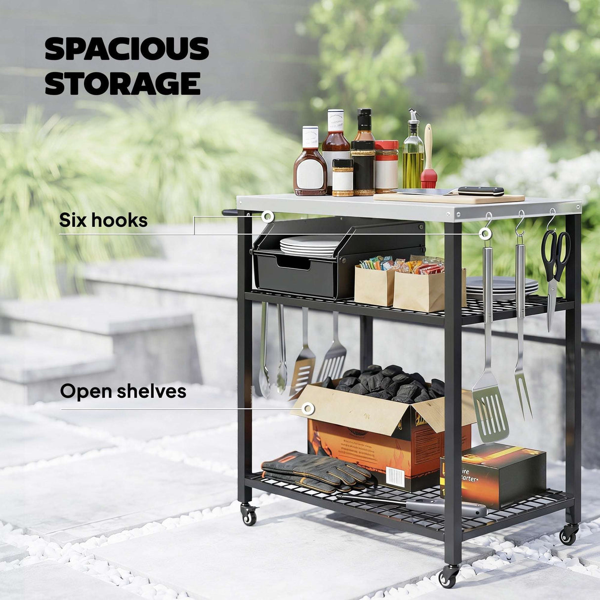 Wise Galleria Grill Cart with spacious storage, open shelves and hooks for tools and condiments
