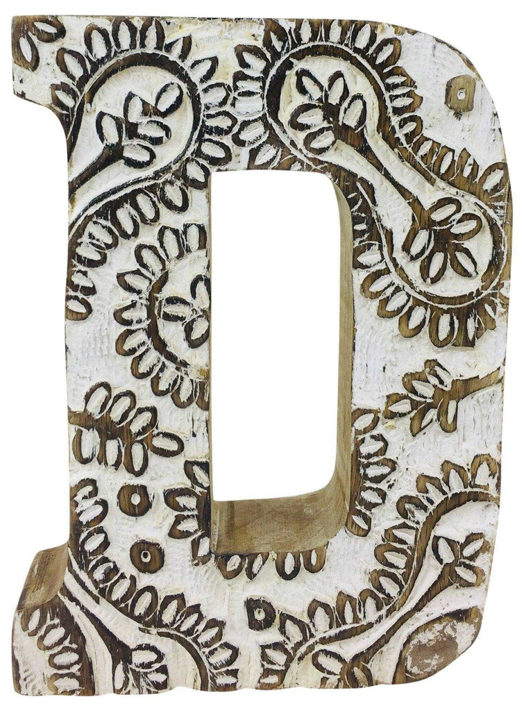 Hand Carved Wooden White Flower Letter D Geko Products