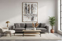 Stylish living room with a Hand Painted Canvas art piece above a grey sofa and coffee table