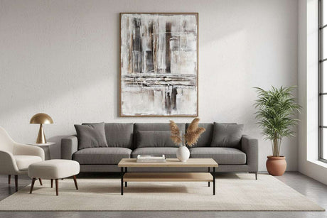 Stylish living room with a Hand Painted Canvas art piece above a grey sofa and coffee table