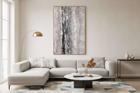 Stylish living room featuring a Hand Painted Canvas artwork above a light grey sofa
