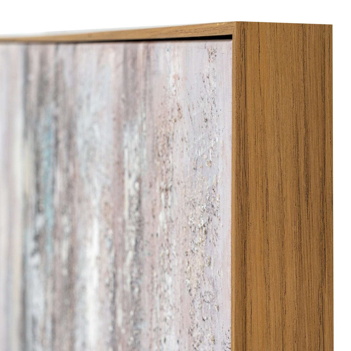 Close-up of a Hand Painted Canvas artwork framed in light wood, showcasing textured layers