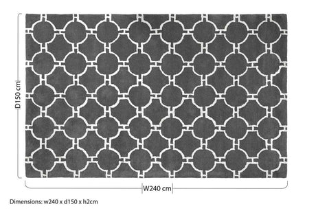 Orsina Hand Woven Rug with geometric pattern in grey, measuring 240 x 150 cm