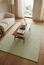 Stylish hand-woven rug in green and white geometric pattern, perfect for living room decor