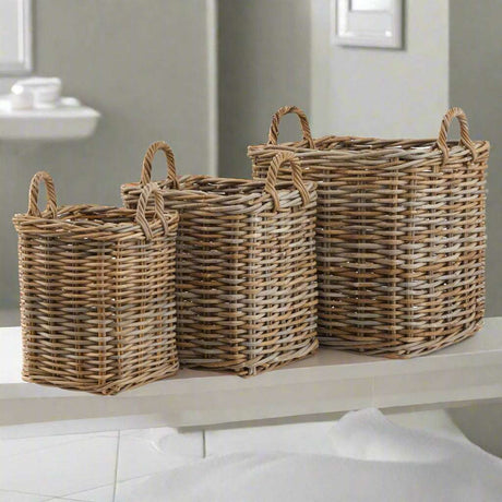 Set of 3 Kubu Rattan Square Storage Baskets BROWN WICKER Shades 4 Seasons