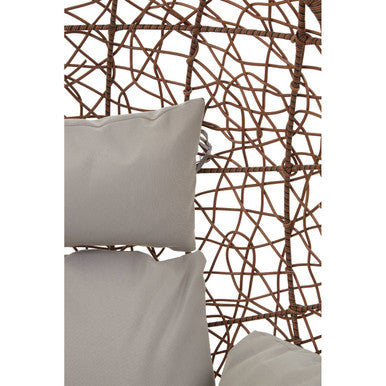 Orsina Hanging Chair featuring a woven design with plush grey cushions for comfortable outdoor seating