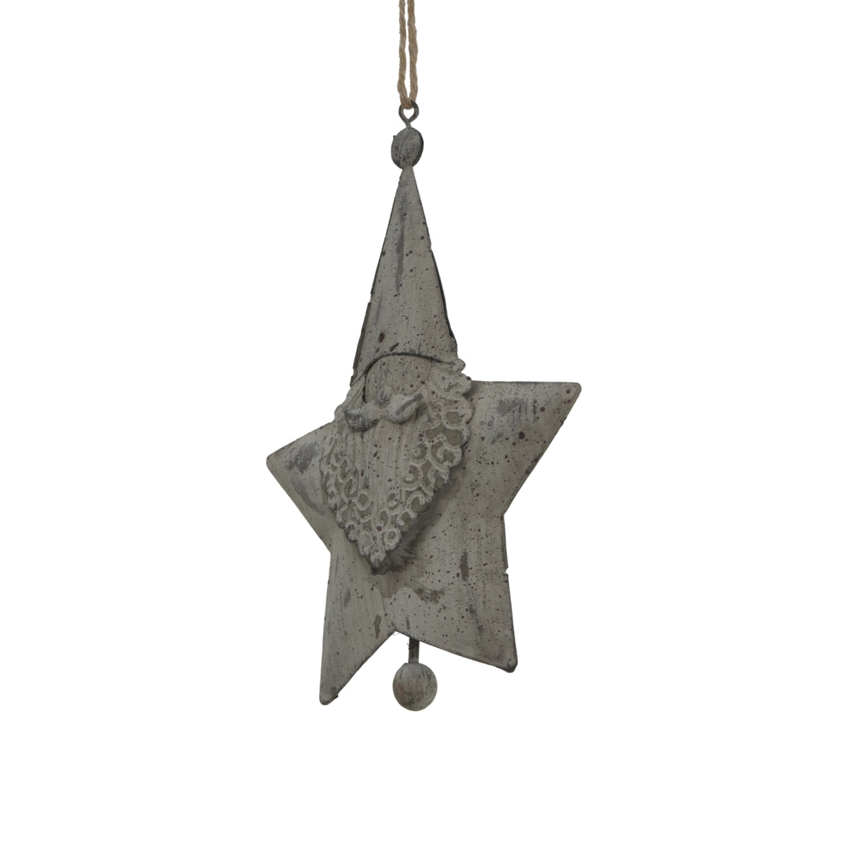 Hanging Santa Star decoration in grey with a carved Santa face, perfect for Christmas tree adornment