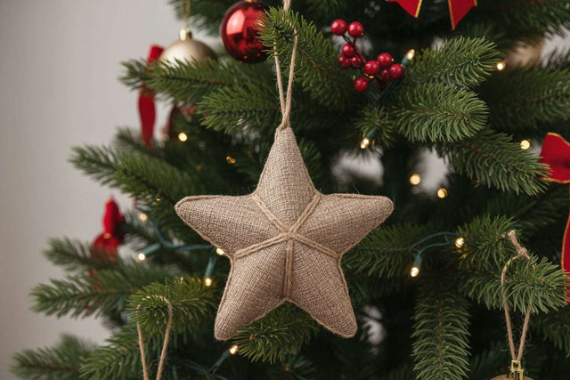 Hanging Star Christmas bauble in natural fabric, perfect for festive tree decorations